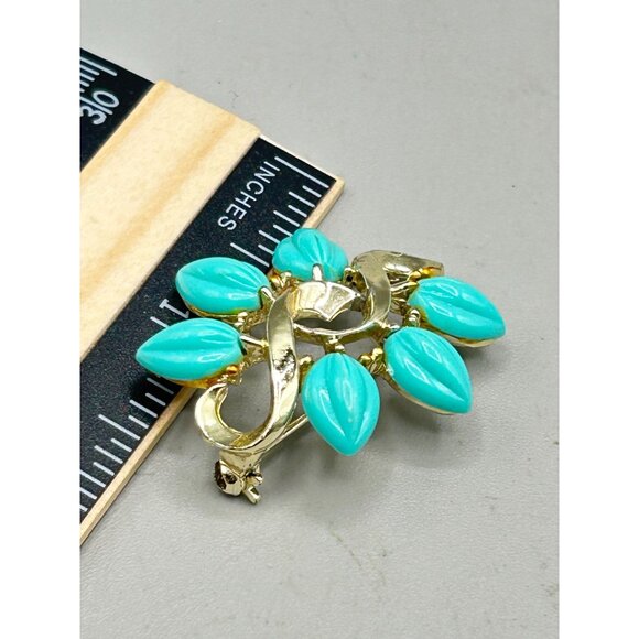 Vintage Mid Century Aqua Blue Leaf Gold Tone Pin Brooch Statement Pin - Picture 6 of 6